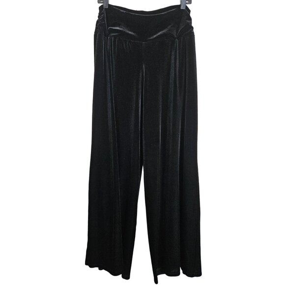 Susan Lawrence Women's Black Velvet Wide-Leg Pull On Pants L Side Waist Ruching - Picture 2 of 10